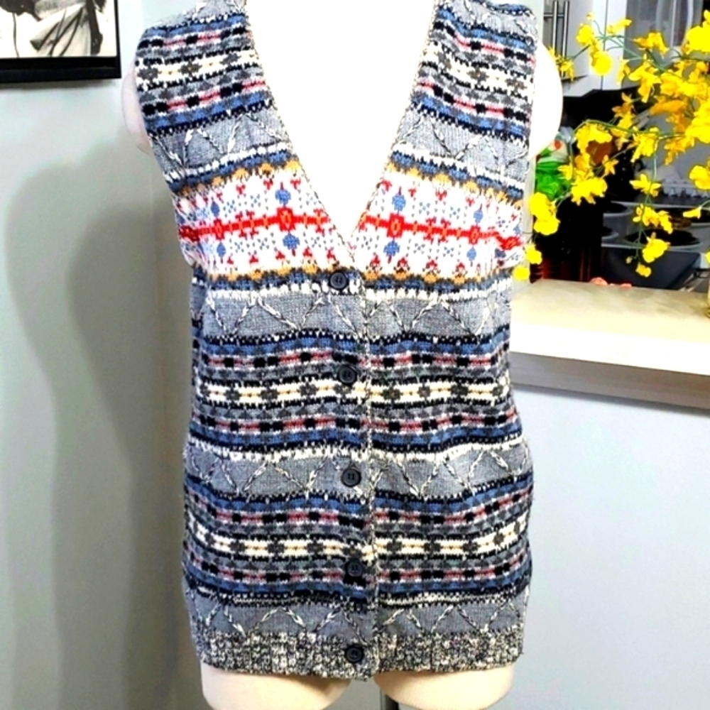 Russ, Knit Vest, Size Medium P. Button Front. Grays And Blues. Cozy